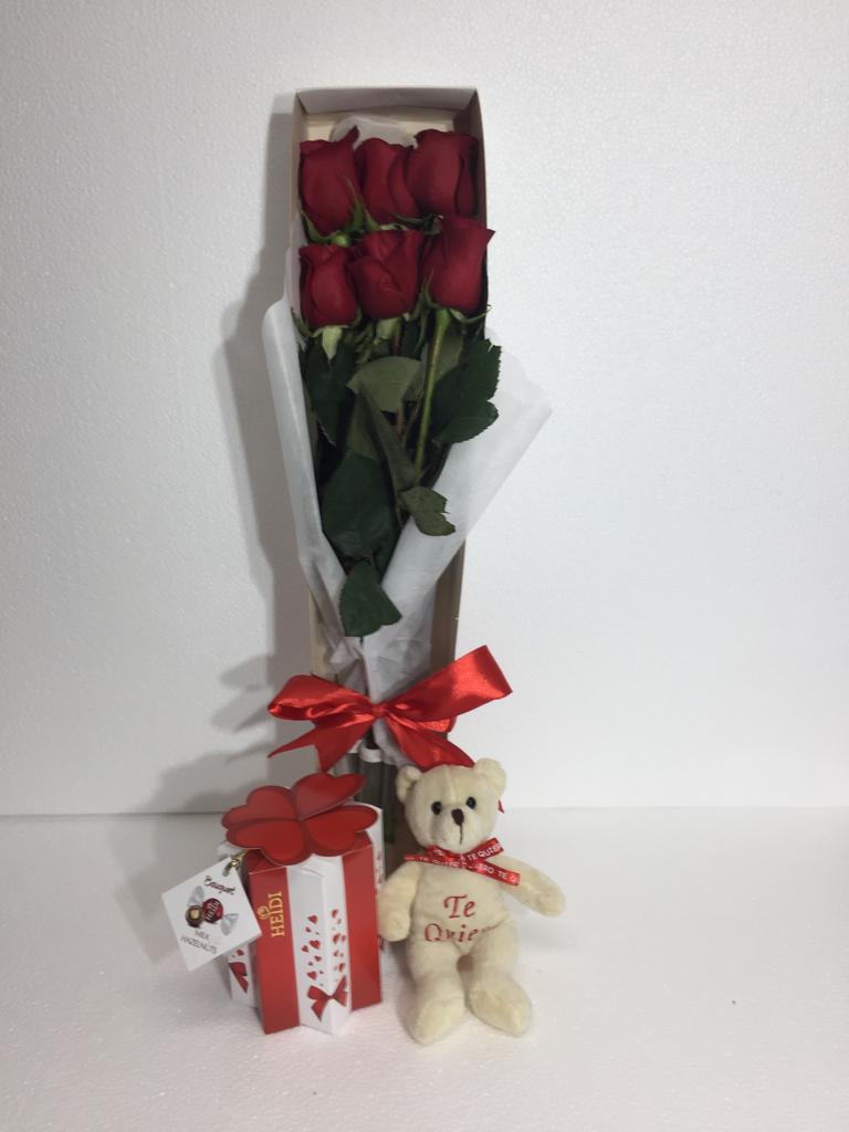 Caja con 6 Rosas ms Bombones Heidi Bouquet de 120 Grs y Peluchito 10 cm
